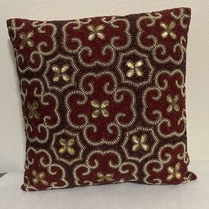 Pier 1 Red Gold Bead Embroidered Decorative Pillow